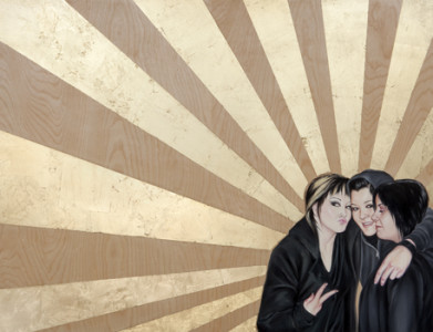 CARM’S CREW (2009) Shizu Saldamando Gold leaf and oil on wood. Jo Willems and Karen O’Brien. Photograph by Michael Underwood. © Shizu Saldamando