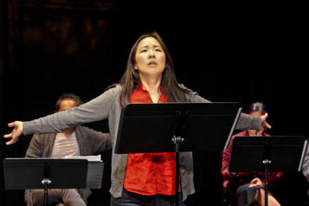 An actress performing in Hannah and the Dreaded Gazebo © Playwrights Foundation