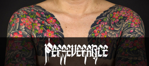 Tattoo by Yokohama Horiken. Perseverance lettering by Chaz Bojorquez. JANM-Perseverance-banner-horiken-title