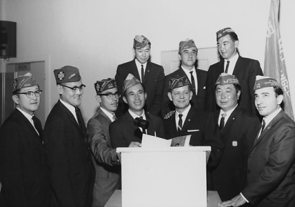 Installation of 1963-64 new officers of Nisei Memorial Post 9938, Veterans of Foreign Wars at Larchmont Hall, California, April 27, 1963. Photograph by Toyo Miyatake Studio, Gift of the Alan Miyatake Family. (96.267.786)