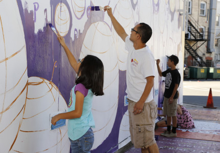 Members of the community helped to paint the mural during JANM's November Target Free Family Saturday.