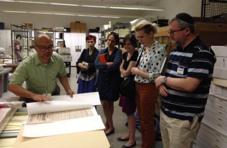 JANM Vice President of Operations and Art Director Clement Hanami gives the guests a behind-the-scenes look at our collection. From left to right: Hanami, Monika Sadkowska, Dr. Kamila Dąbrowska, Łucja Koch, Ewe Chomicka, and Piotr Kowalik.