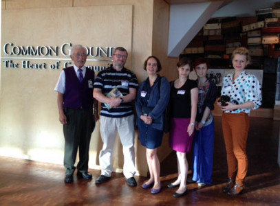 JANM docent Bill Shishima, left, led a tour of Common Ground: The Heart of Community for visiting staff members from the POLIN Museum of the History of Polish Jews. From left to right: Piotr Kowalik, Dr. Kamila Dąbrowska, Łucja Koch, Monika Sadkowska, and Ewe Chomicka. (Monika Koszyńska also travelled to Los Angeles with the group but was under the weather on the day of the JANM visit.)