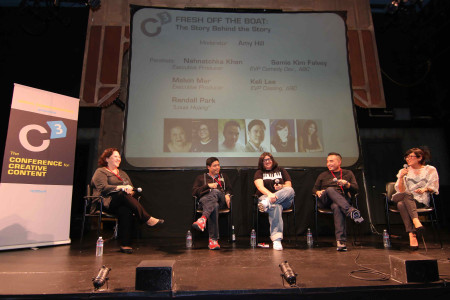 Fresh Off the Boat panel at the 2014 Conference for Creative Content (C3), with with moderator Amy Hill (actor), Randall Park (star), Nahnatchka Khan (showrunner), Melvin Mar (executive producer), and Samie Kim Falvey (Executive Vice President, Comedy Development, ABC).