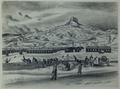 Jack Yamasaki, Untitled (building brick structure, Heart Mountain) (1942), ink and pencil on paper. Japanese American National Museum, Gift of Nobu Yamasaki.