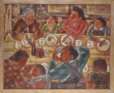 Henry Sugimoto, Our Mess Hall (1942), oil on canvas. Japanese American National Museum, Gift of Madeleine Sugimoto and Naomi Tagawa.