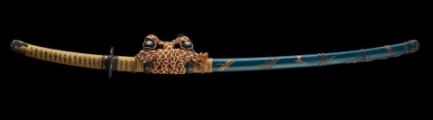 Tanaka School, tachi koshirae with a design of dragonflies and family crest, 1800s. Wood, lacquer, iron, gold, and silver.