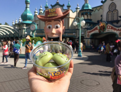 Enjoying some custard manju at Tokyo DisneySea.