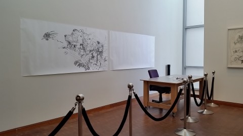 Katsuya Terada's unfinished drawing, as he left it in October. The artist will return to JANM this month to complete the work. Photo by Carol Cheh.