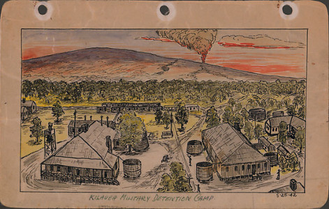 George Hoshida, Kilauea Military Detention Camp, 1942, ink and watercolor on paper. Japanese American National Museum. Gift of June Hoshida Honma, Sandra Hoshida, and Carole Hoshida Kanada.