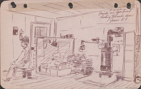 George Hoshida, Inside Our Apartment, Looking Towards Door, Jerome Relocation Center, 1944, ink on paper. Japanese American National Museum. Gift of June Hoshida Honma, Sandra Hoshida, and Carole Hoshida Kanada.