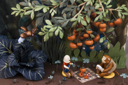 Sean Chao, Persimmon Picnic, 2015, bass wood, polymer clay, acrylic, and gouache paint on wood panel. Photo courtesy of the artist.