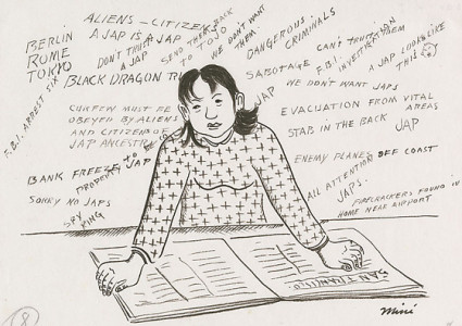 Mine with open newspaper, surrounded by anti-Japanese slogans, Berkeley, California, 1941
