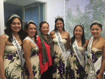 Members of the 2015 Nisei Week Court donned local-style garb for this visit to Japanese-English radio station KZOO Radio.