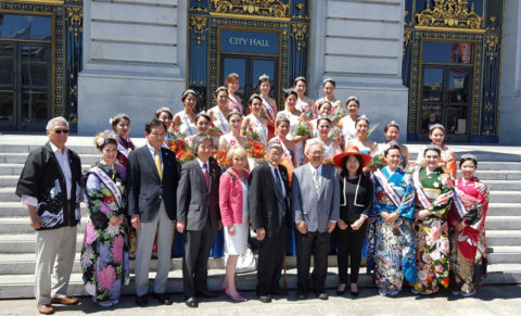 Members of all three courts pose with the Mayor of San Francisco, other city officials, JANM Board of Trustees Chair Norman Y. Mineta, and others on the steps of San Francisco City Hall.