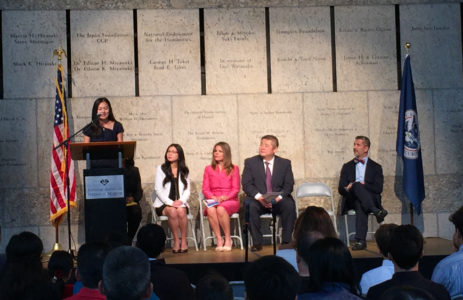 Camryn delivers a speech at JANM as part of a ceremony for new US citizens.